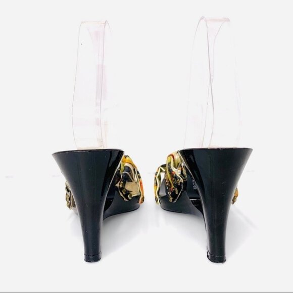 BROWNS BRAVO FLORAL WOODEN WEDGE  SUMMER MULTICOLOURED GOLD STUDS SANDALS - Picture 4 of 16